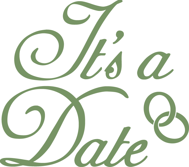 Typography reading "It's a Date" in a script font with a ring motif